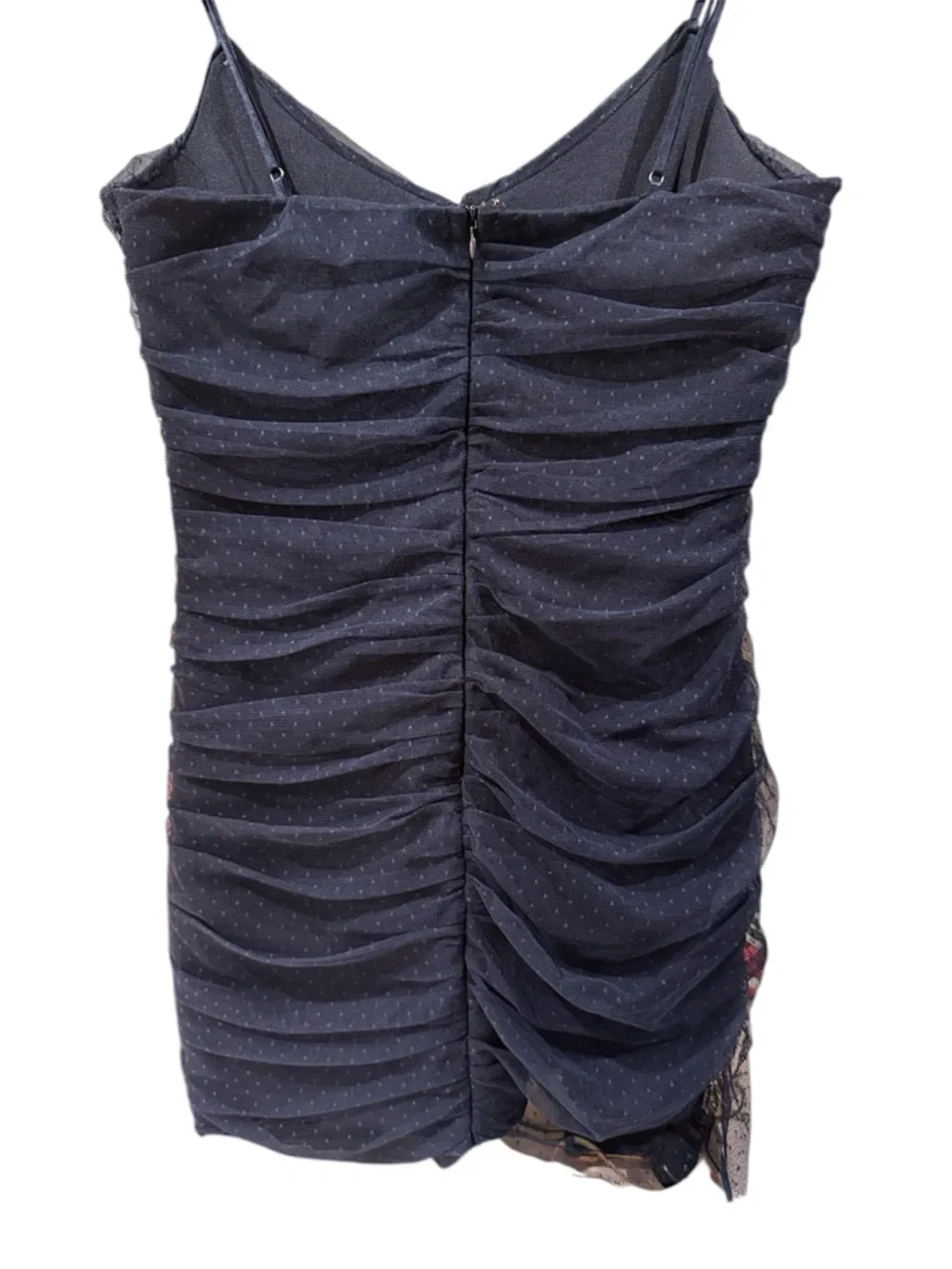 Navy Blue Ruched Mini Dress Mesh Polka Dot Cutout Bodycon size L - Picture 4 of 5